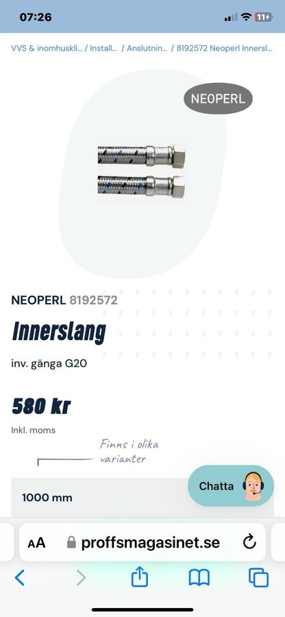 NEOPERL 8192572 Innerslang inv. gänga G20 1000 mm