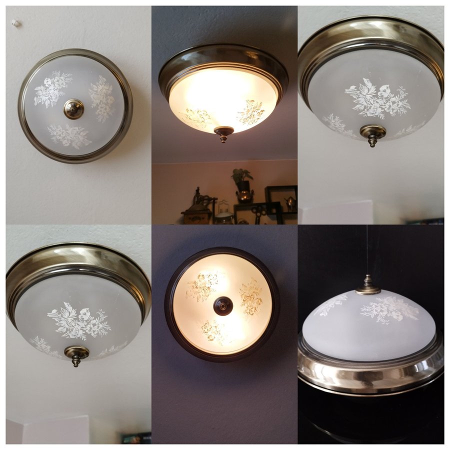 TAKPLAFOND COTTEX Sweden Vintage 1900-tal i frostat glas o mässing.