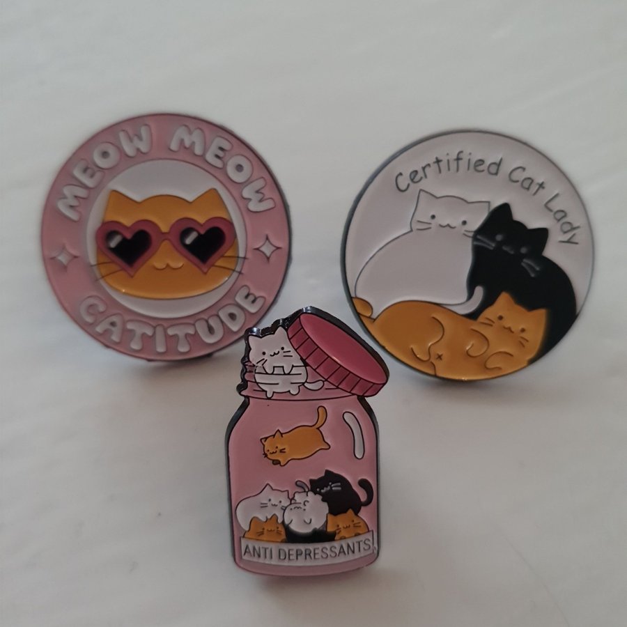 3 st söta katt-pins Antidepressiv Catitude Certified Catlady