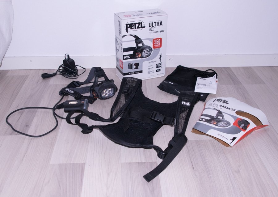 Kraftfull pannlampa: Petzl Ultra Belt Accu 2 + Petzl Ultra Harness (väst)