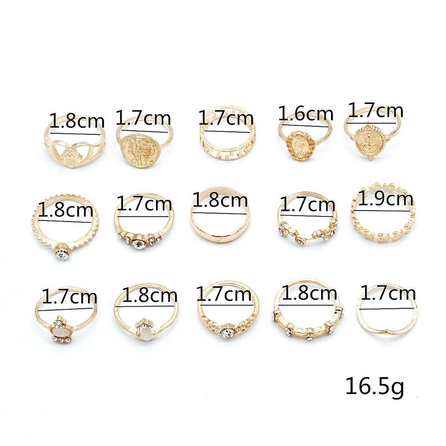 15-pack Boho Guld Ringar -Glittrande Rhinestones  Olika Mönster