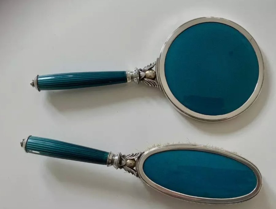 Georg Jensen brush and mirror set no 4000 sterling silver  porcelain