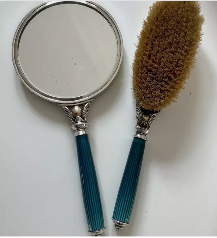 Georg Jensen brush and mirror set no 4000 sterling silver  porcelain