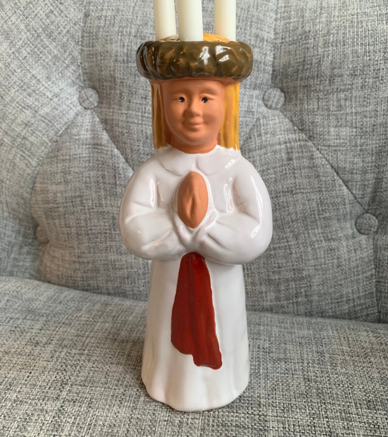 Lucia ( Gabriel ? ) keramik ljusstake för 3 ljus jul flicka krans advent