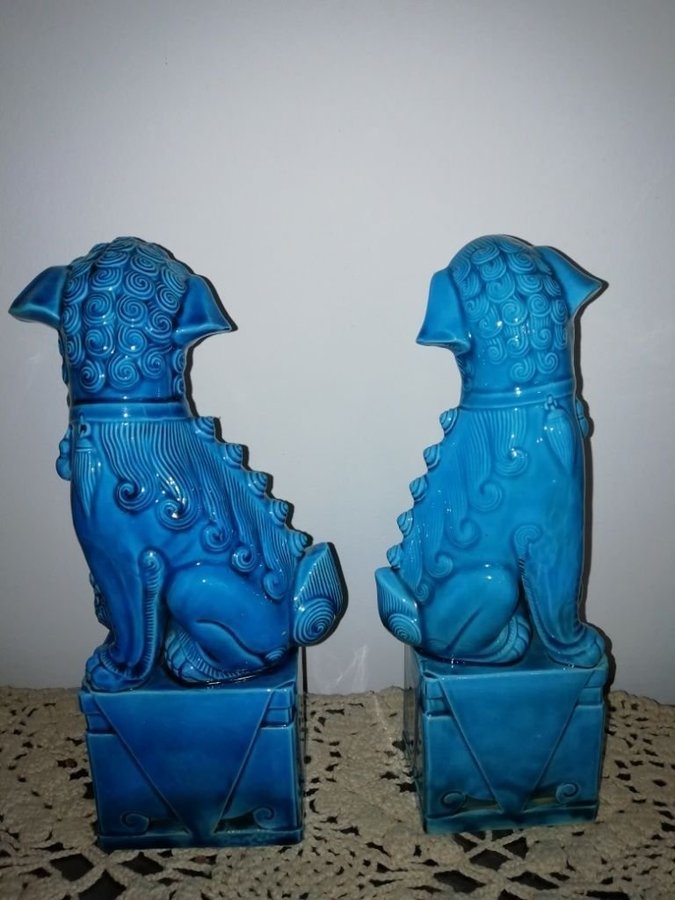 FOO HUND 2 ST KINA BLÅ PORSLIN LYCKA SKYDD GUARDIAN LION DOG ANTIK VINTAGE STOR