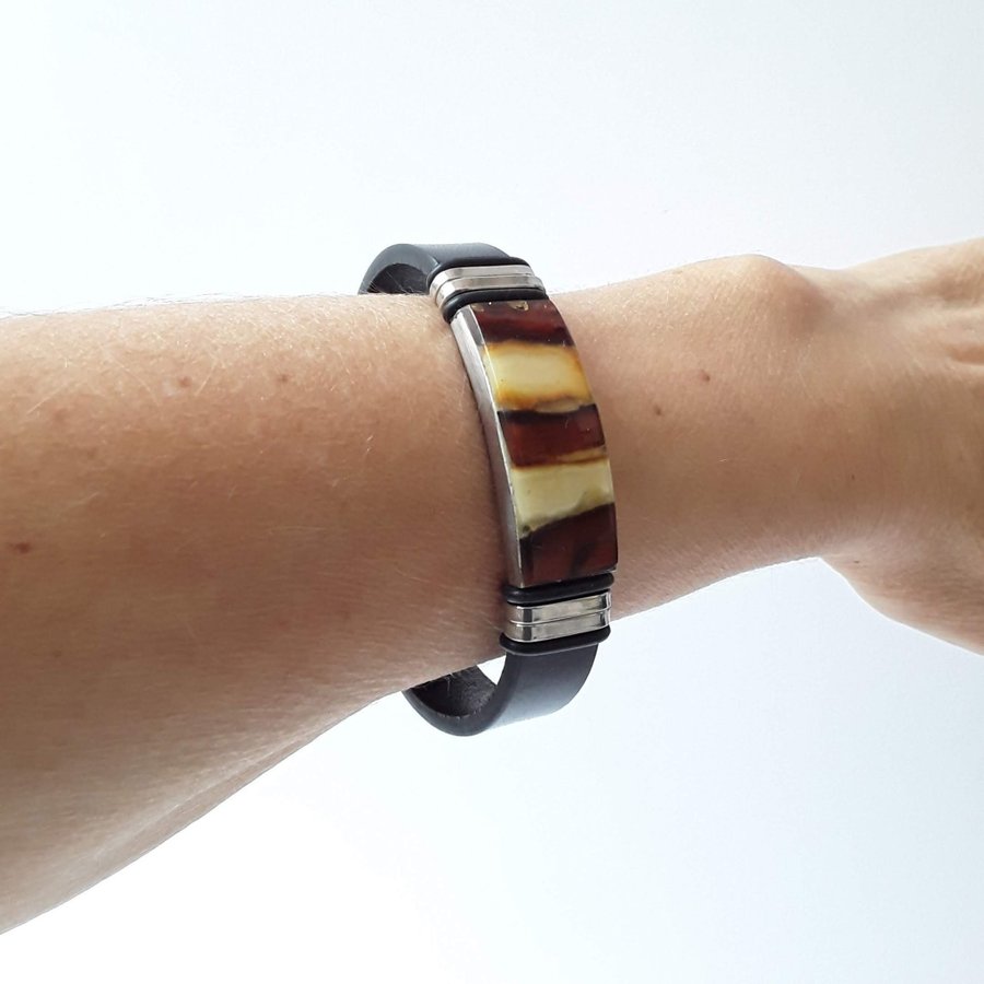 Baltic amber and black leather bracelet Unisex natural leather and gem bracelet