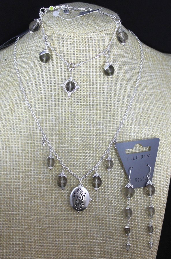 3 delat silver grått Pilgrim locket nytt med tags halsband - armband - örhängen