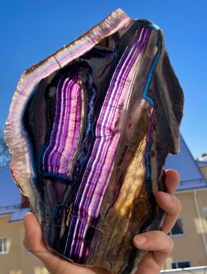 Huge colorful “silk fluorite” slice from Inner Mongolia