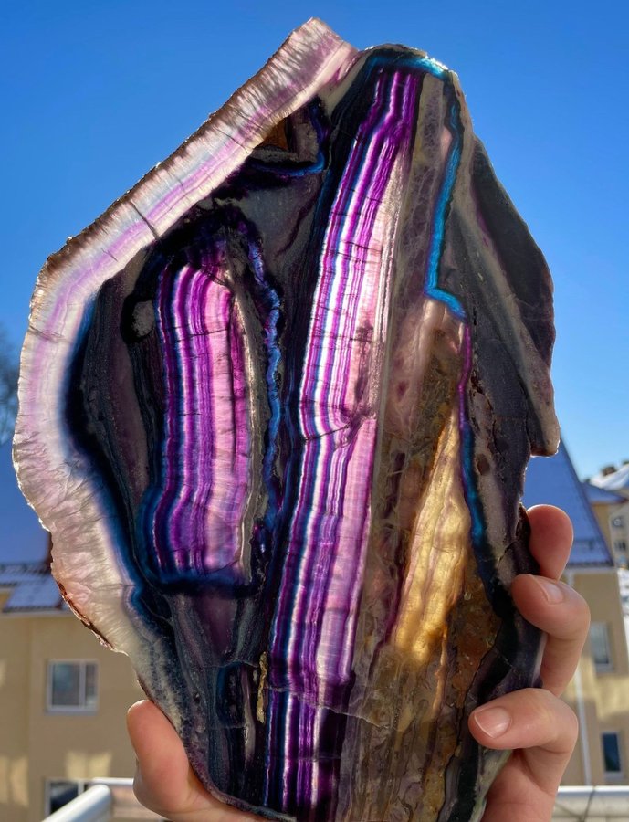 Huge colorful “silk fluorite” slice from Inner Mongolia