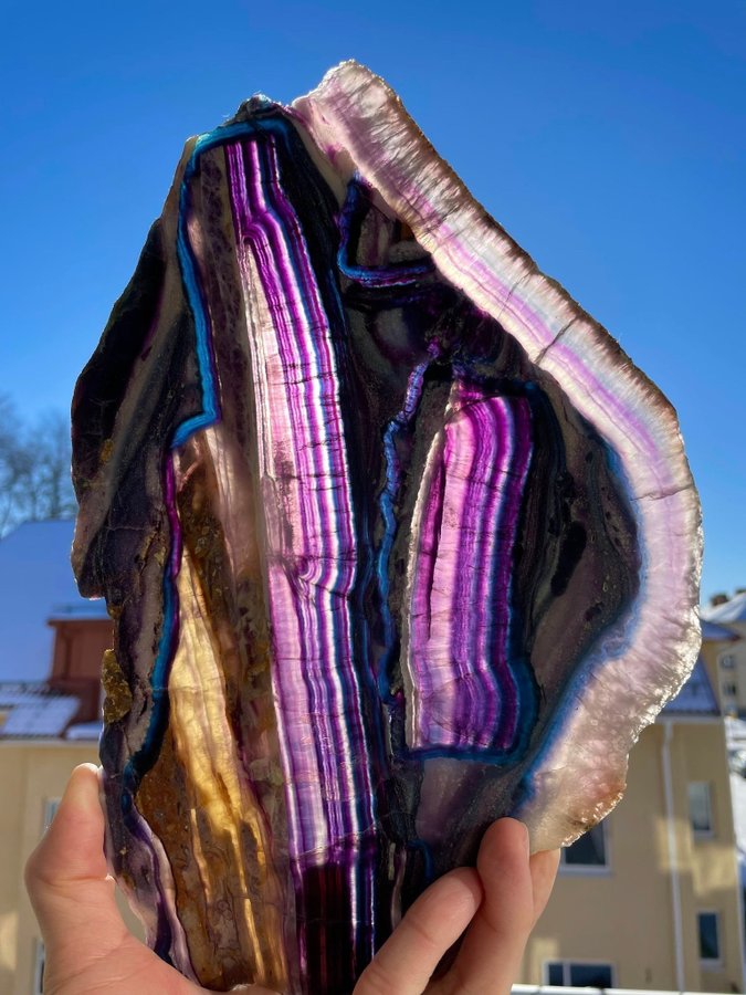 Huge colorful “silk fluorite” slice from Inner Mongolia