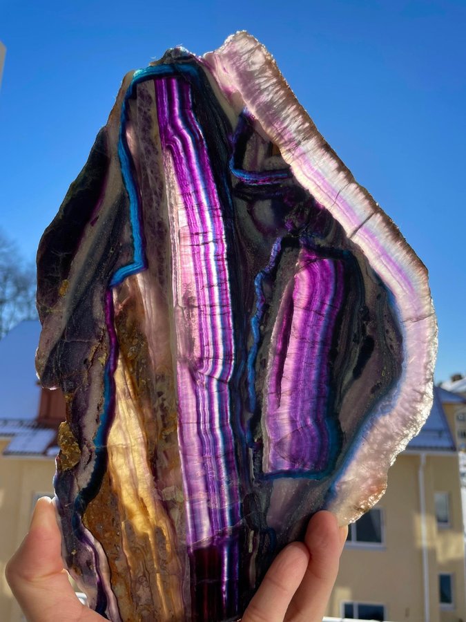 Huge colorful “silk fluorite” slice from Inner Mongolia