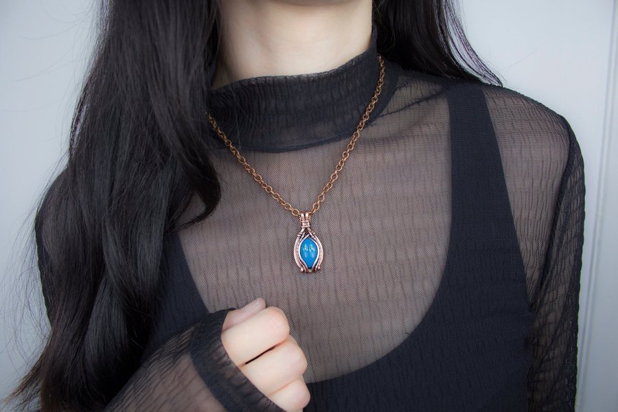 Blue Agate Talisman Necklace, Handcrafted Copper Jewelry with Natural Gemstone