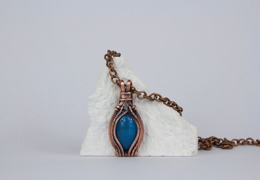 Blue Agate Talisman Necklace, Handcrafted Copper Jewelry with Natural Gemstone