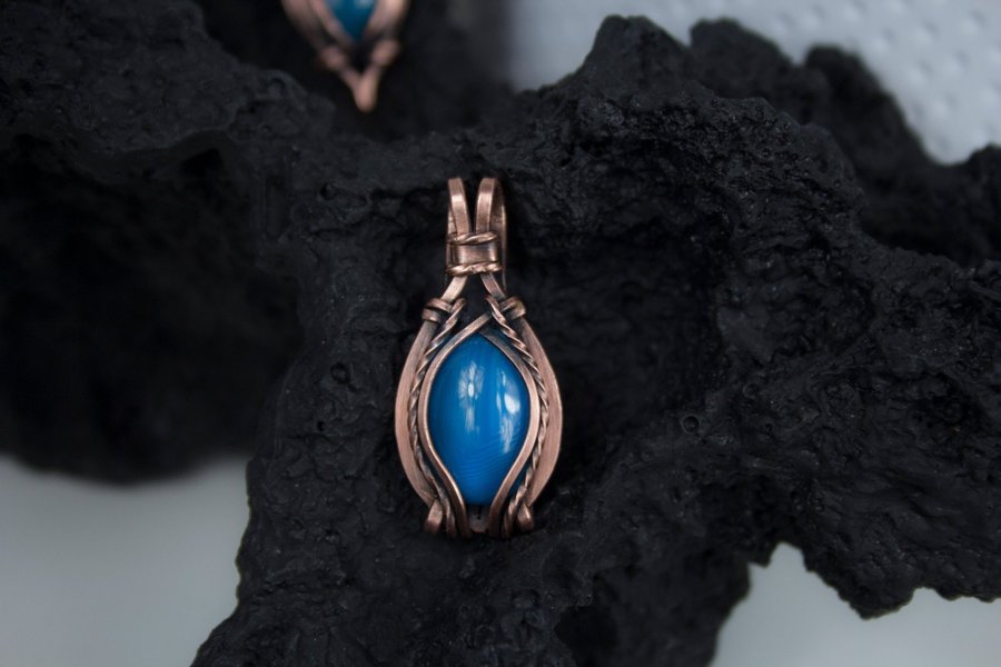 Blue Agate Talisman Necklace, Handcrafted Copper Jewelry with Natural Gemstone