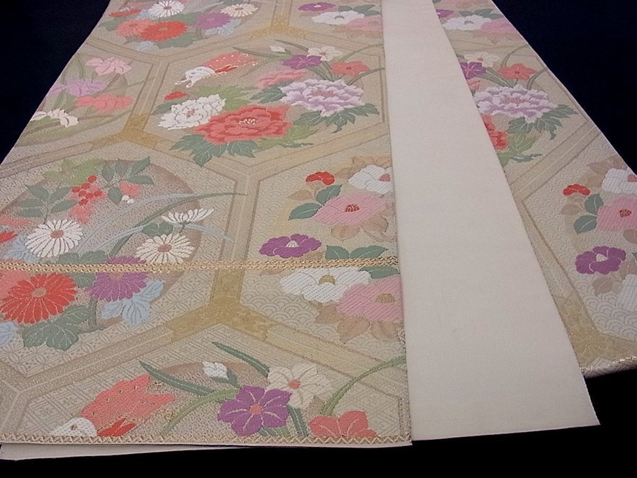 Äkta japansk vintage kimono Fukuro Obi-bälte2,siden,blommor,väv,broderie,hållbar