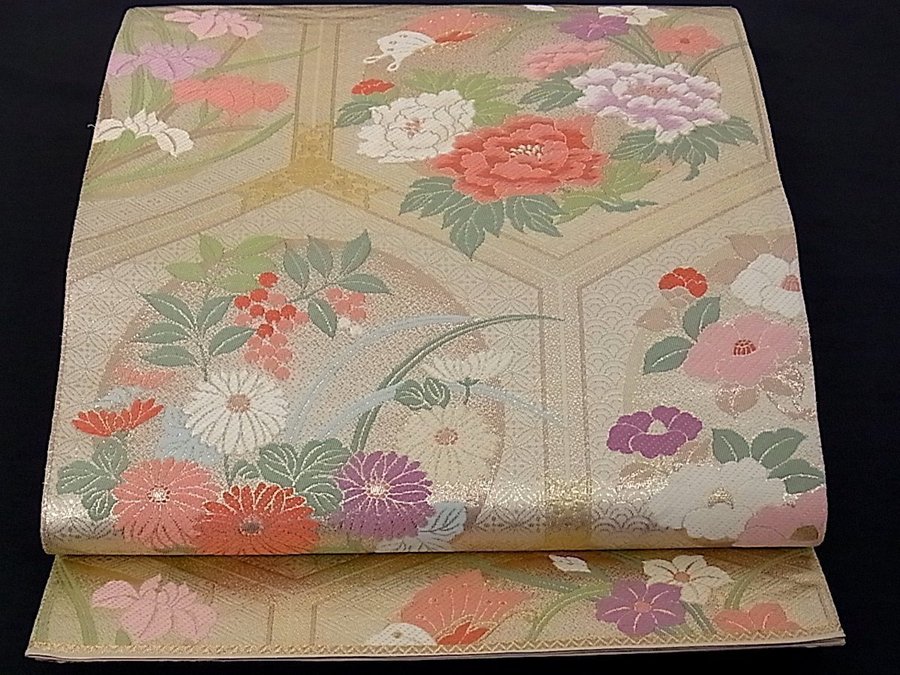 Äkta japansk vintage kimono Fukuro Obi-bälte2,siden,blommor,väv,broderie,hållbar