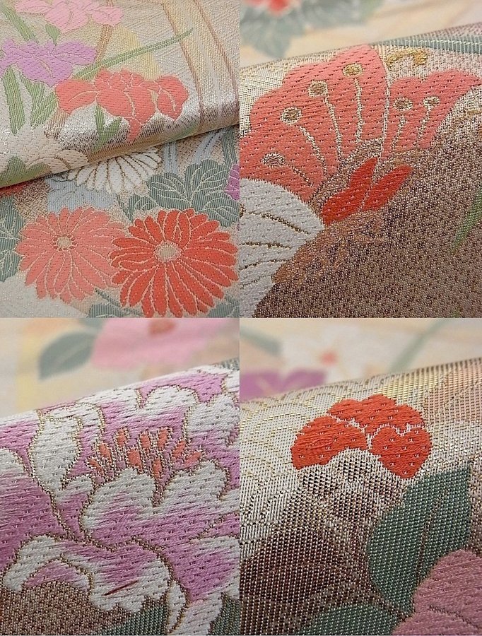 Äkta japansk vintage kimono Fukuro Obi-bälte2,siden,blommor,väv,broderie,hållbar