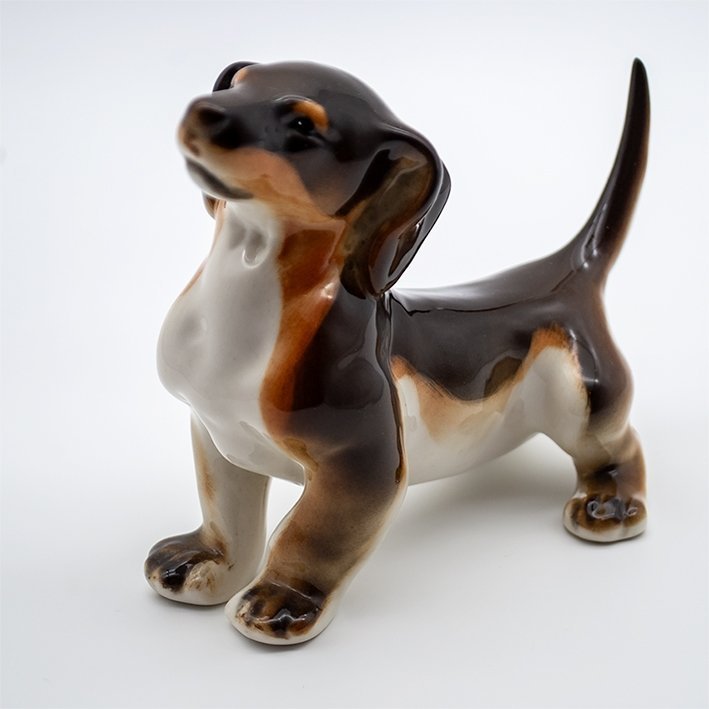 Sovjetisk tax hund från Lomonosov USSR glaserat porslin dog skulptur figurin