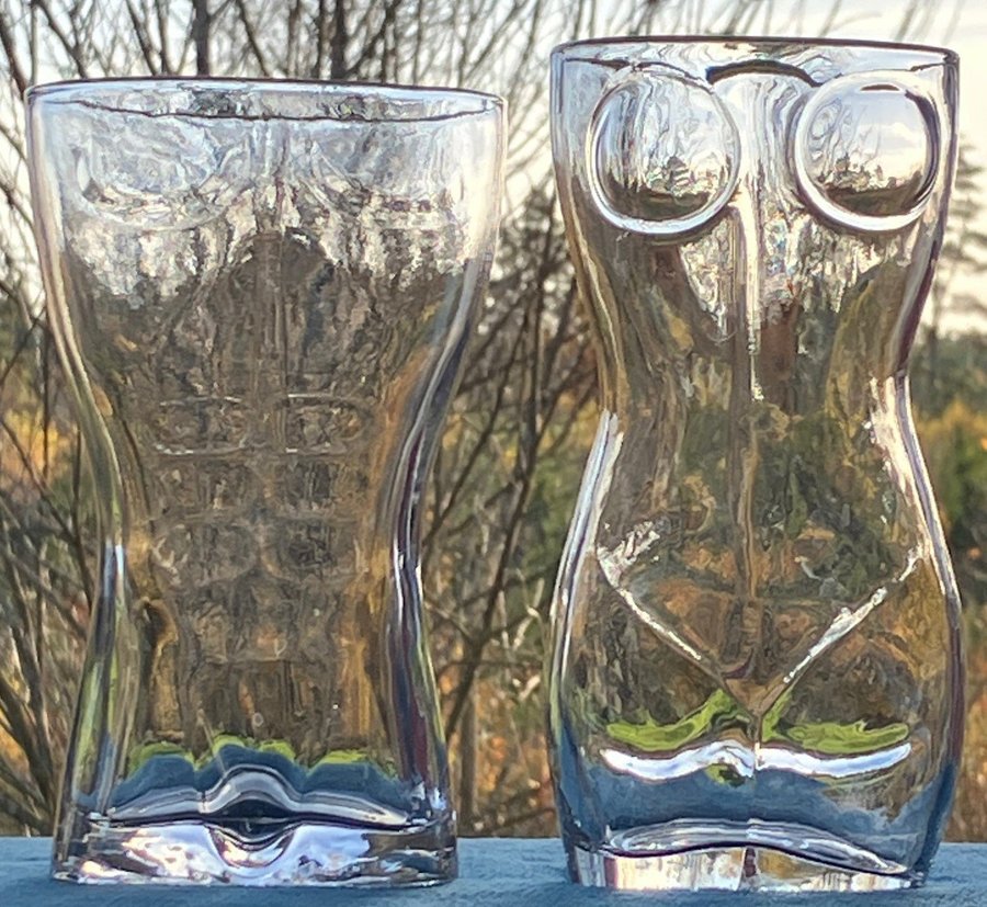 Glas, kvinna och man. Två roliga ölglas.