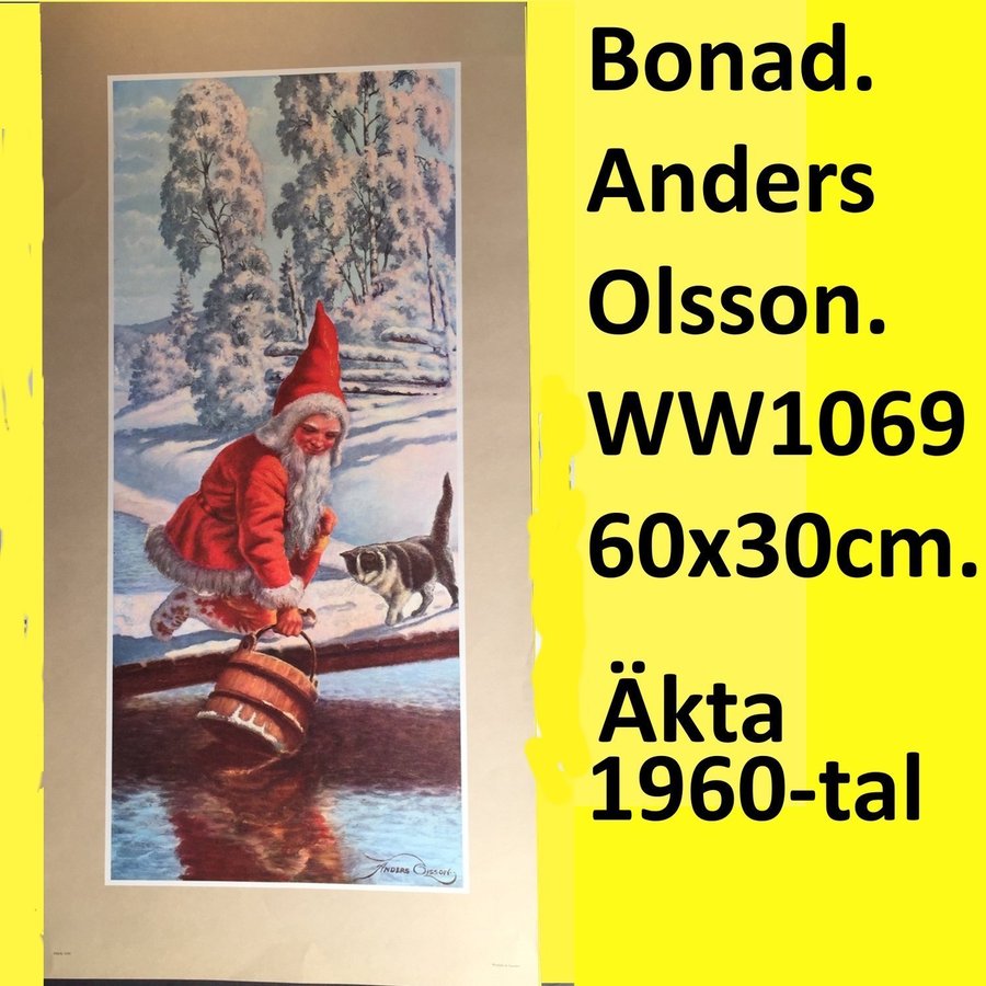 JULBONAD 1069. ANDERS OLSSON: Vatten, för katten, tomte.Pappersbonad 1960t.60x30