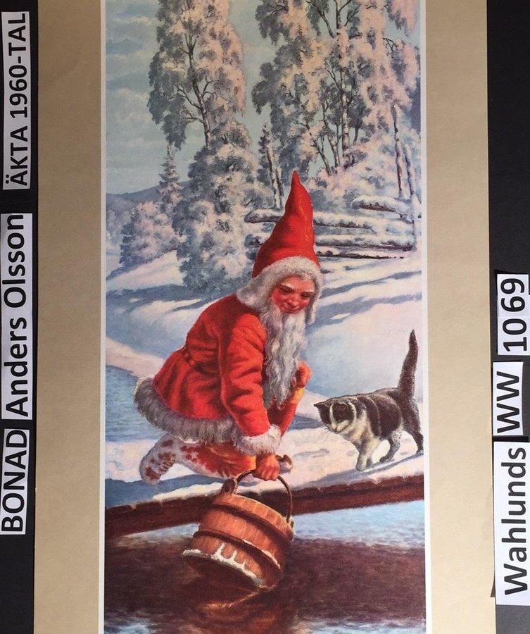 JULBONAD 1069. ANDERS OLSSON: Vatten, för katten, tomte.Pappersbonad 1960t.60x30