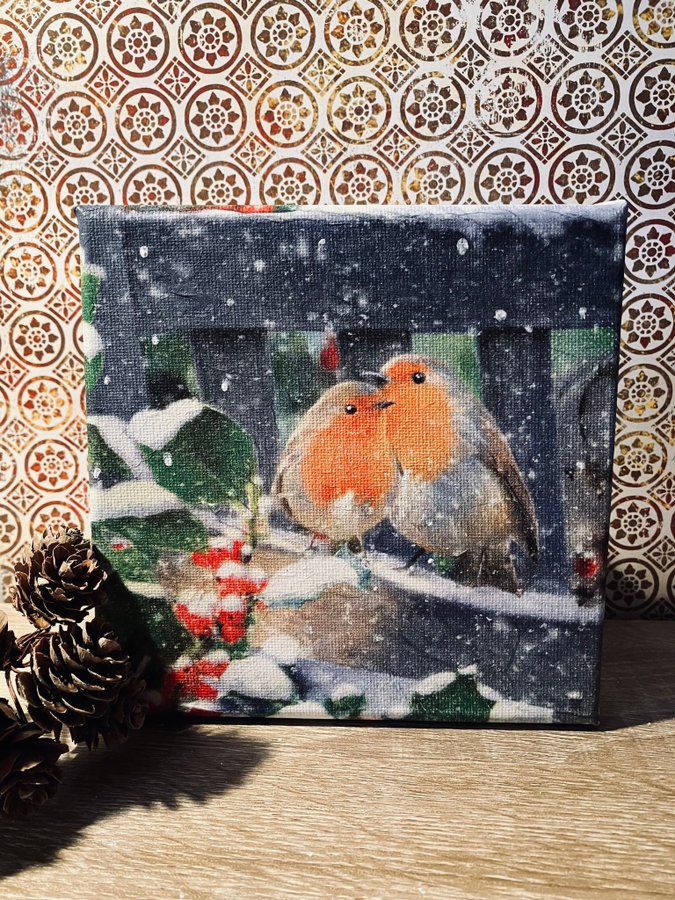 Tavla Canvas.Rödhakar på snöig bänk 15x15 cm