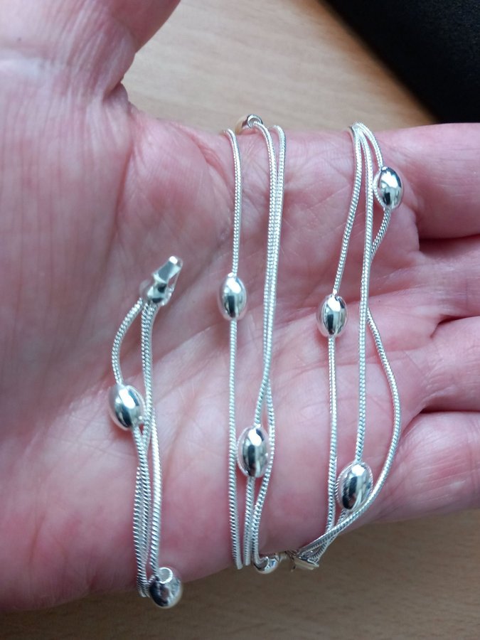 Silverhalsband sterling 925, tre ormkedjor och ovala berlocker, pläterat 925 stä