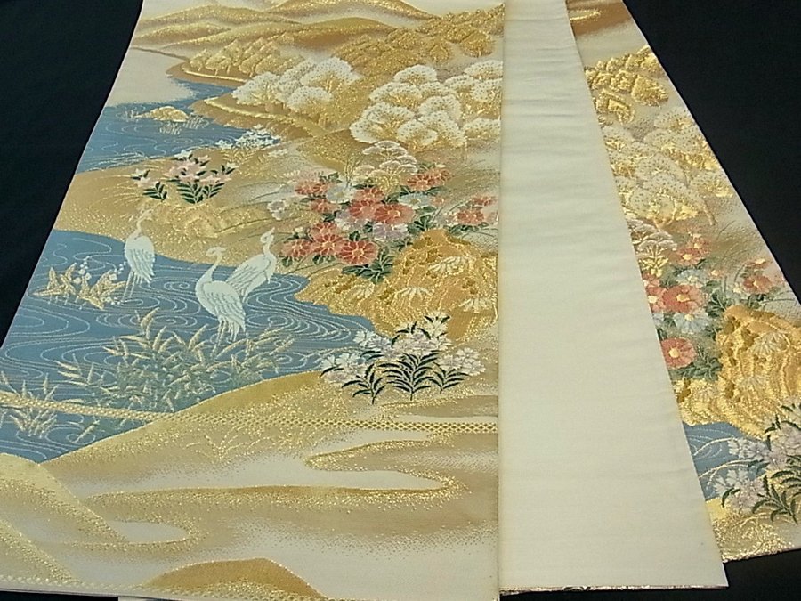 Äkta japansk vintage kimono Fukuro Obi-bält,silk,guld,fågel,väv,broderi,hållbar