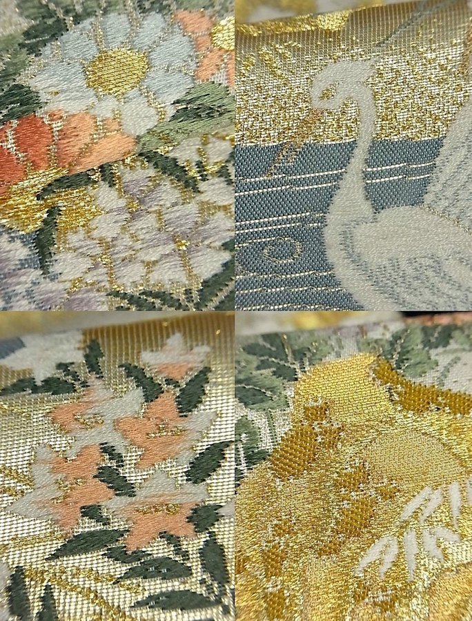 Äkta japansk vintage kimono Fukuro Obi-bält,silk,guld,fågel,väv,broderi,hållbar