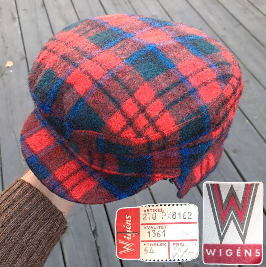 DEADSTOCK SEMI-ANTIK 50-TAL Keps öronlappar plaid wool cap ear flaps WIGÉNS