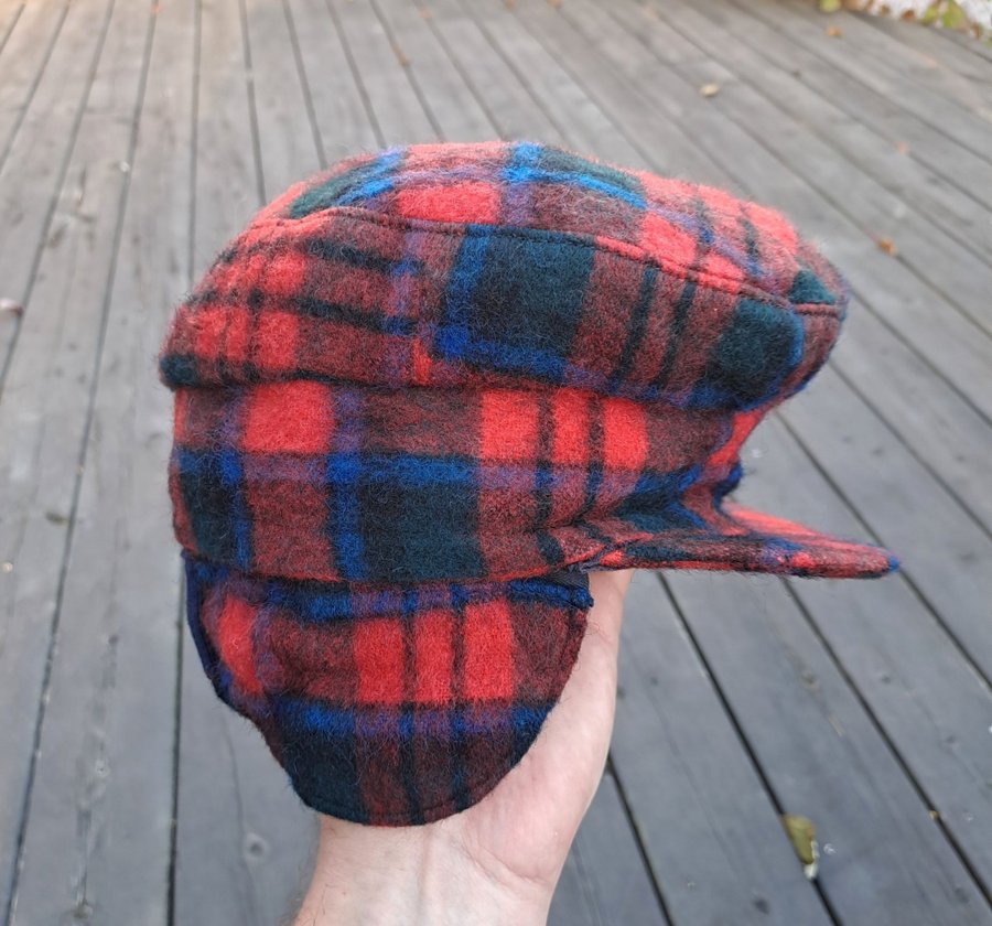 DEADSTOCK SEMI-ANTIK 50-TAL Keps öronlappar plaid wool cap ear flaps WIGÉNS