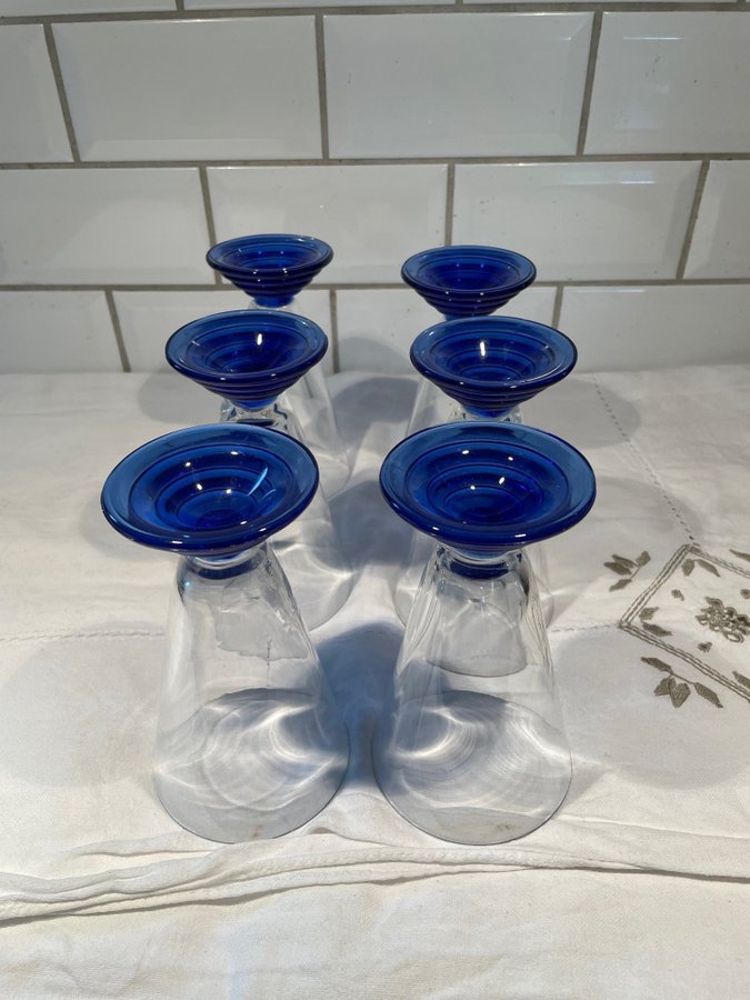 6 glas med blå fot, vintage