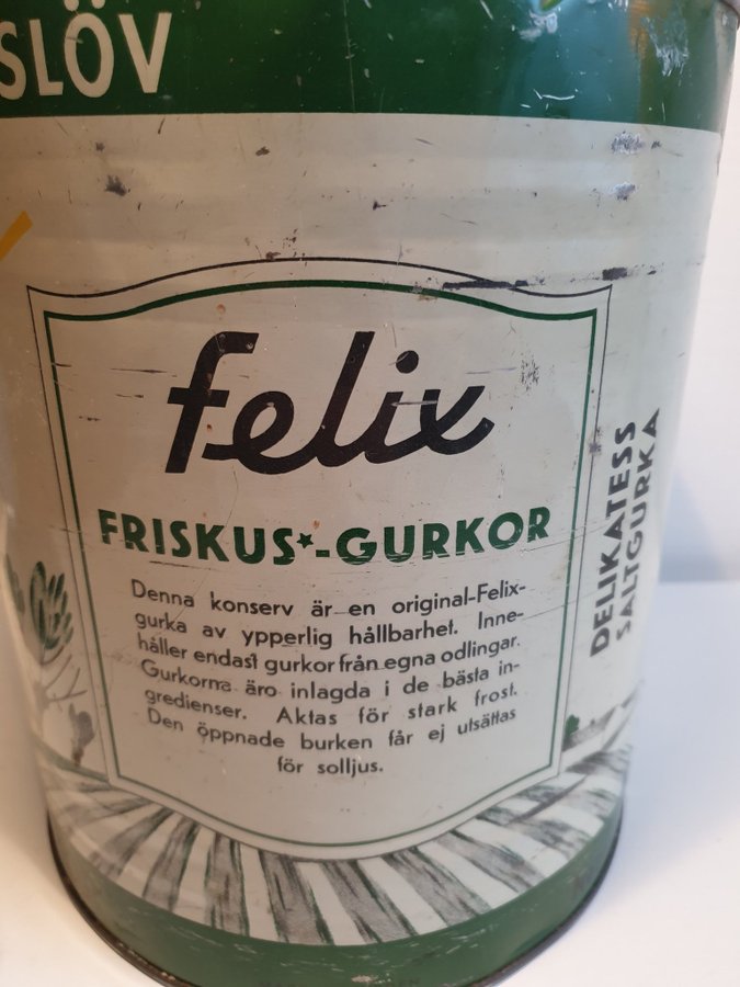 Stor gammal plåtburk Felix gurkor Friskus-gurkor