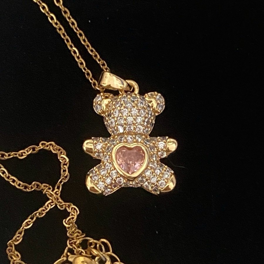 Ny Teddy Hjärtan Halsband Bear Pink Rose Gold Nalle Strass