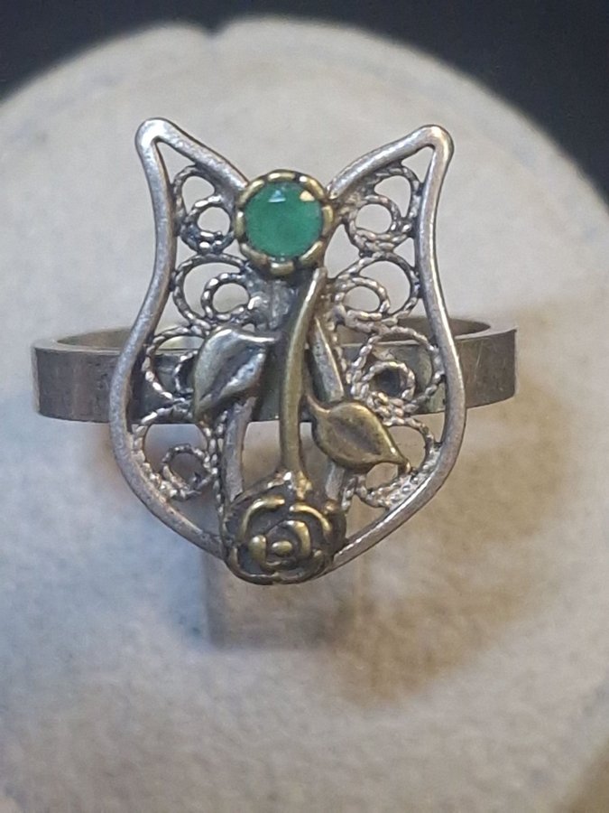 Vintage gammal Silverring, grön sten, stämplade 925