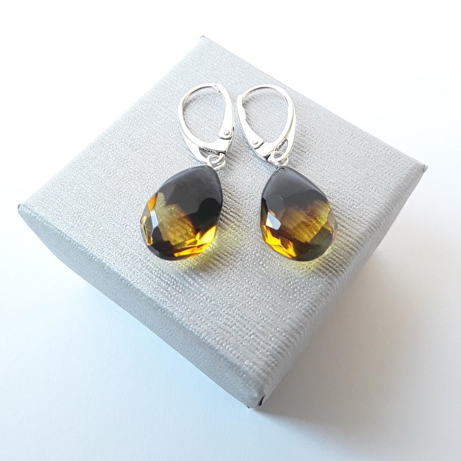 Baltic amber and 925 sterling silver dangle drop earrings Brown hanging earrings