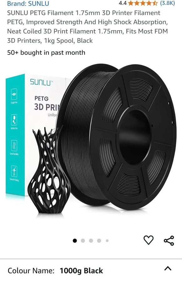 SUNLU PETG Filament 1.75mm Svart 1kg