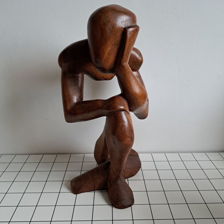 Vintage large abstract wooden sculpture of the thinker from the 80s