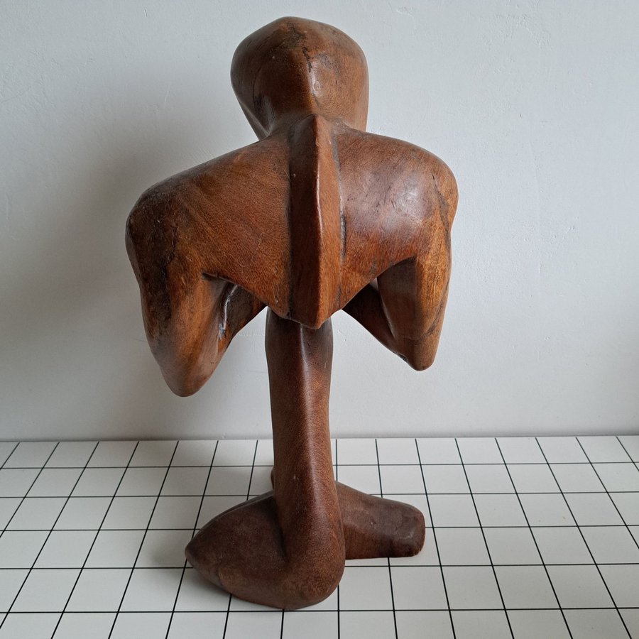 Vintage large abstract wooden sculpture of the thinker from the 80s