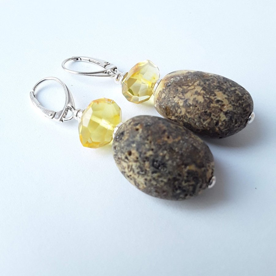 Unique Baltic amber gemstone and 925 sterling silver long dangle cute earrings