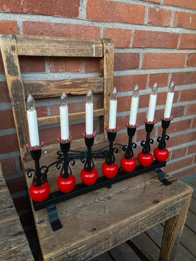 Vintage Adventsljusstake Smide Röda Äpplen Trä Ljusstake Smidesljusstake Advent