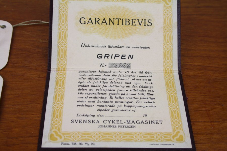 Garantibevis Monark, Gripen, Veterancykel 1950 tal, cykel