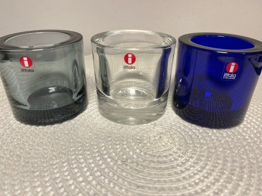 Iittala /Marimekko 3st Kivi ljuslyktor Grå,Klarglas,Koboltblå