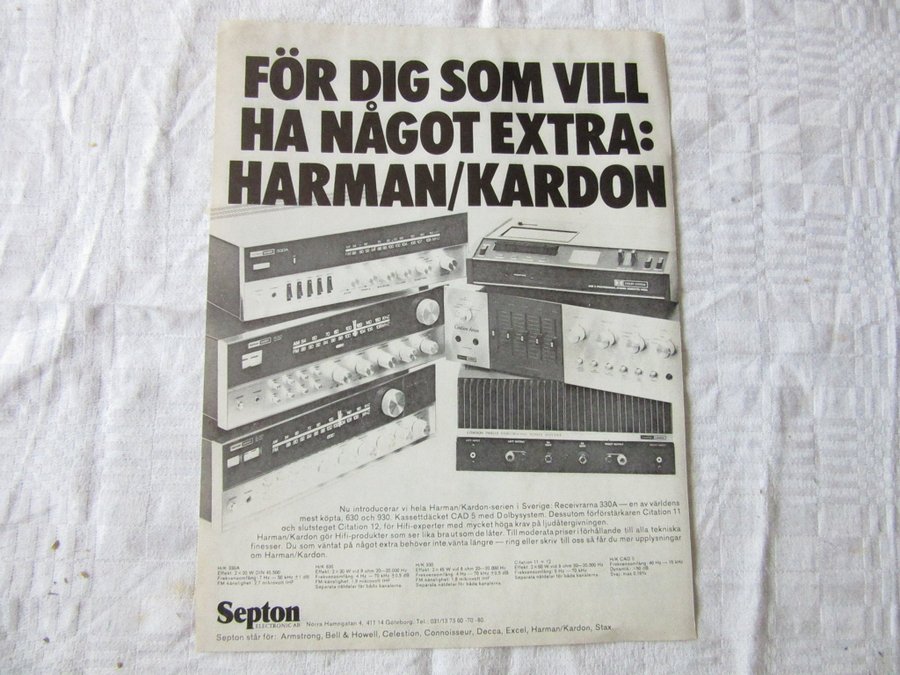 Harman/Kardon reciever 330a 630 930 kassett däck cad5 reklam annons 1972