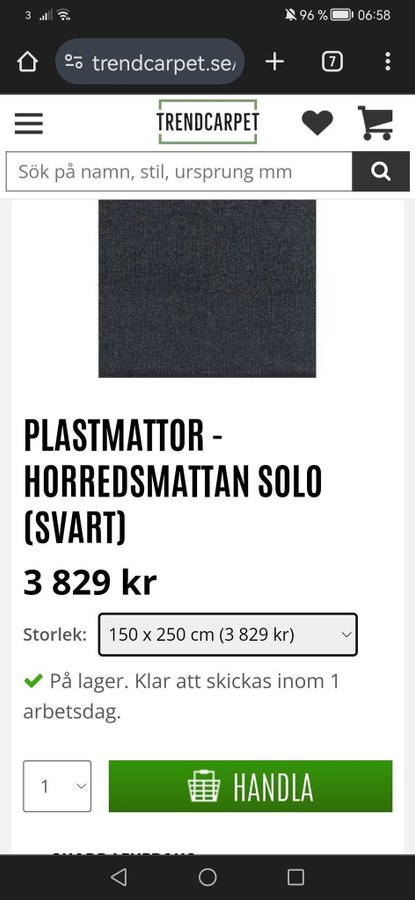 Säljer en svart plastmatta matta från Trendcarpet solo