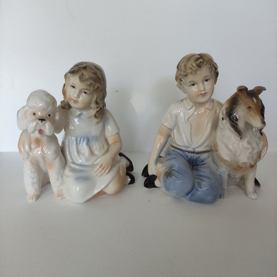 Vintage -porslinsfigurer med hundar-Japan