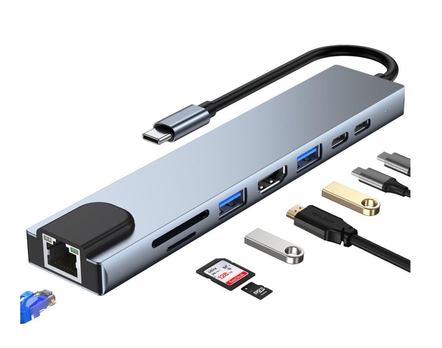 4K 8 i 1 Type-c USB C Hub Adapter HDMI USB PD TF-kort RJ-45 Multiport