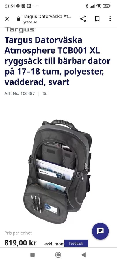 Targus datorväska ryggsäck xl 17"