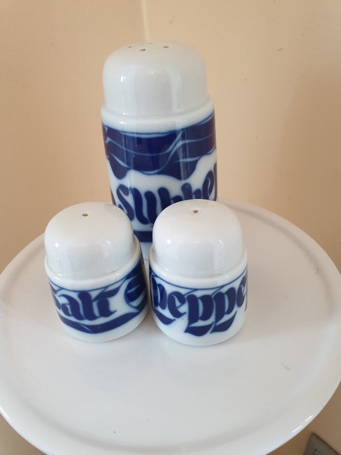 Porsgrund salt and pepper and sugar shaker, Norway blue and white