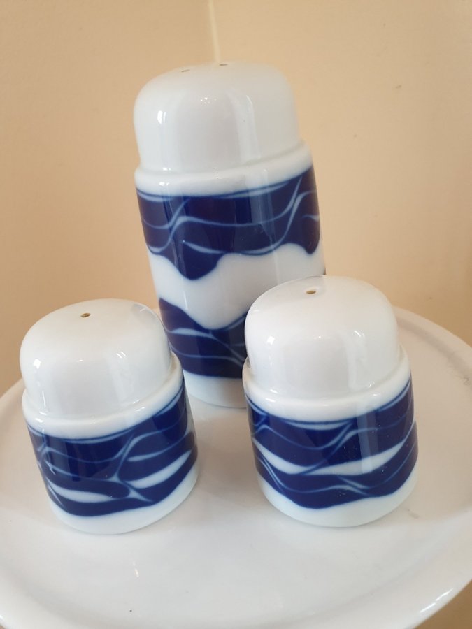 Porsgrund salt and pepper and sugar shaker, Norway blue and white